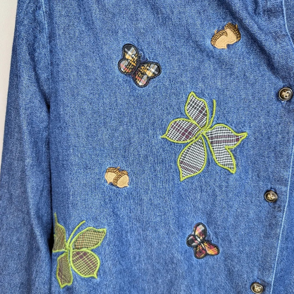 Karen Scott Fall Leaf Plaid Butterfly Embroidered Denim Button Down M Autumn - Picture 6 of 10